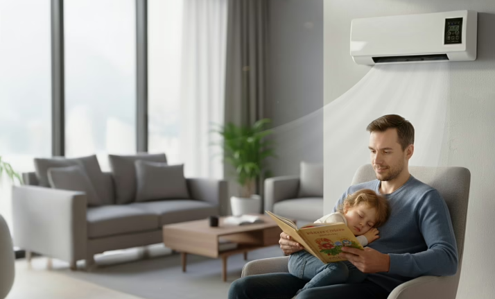 Father reading to child in a comfortably cooled UK living room